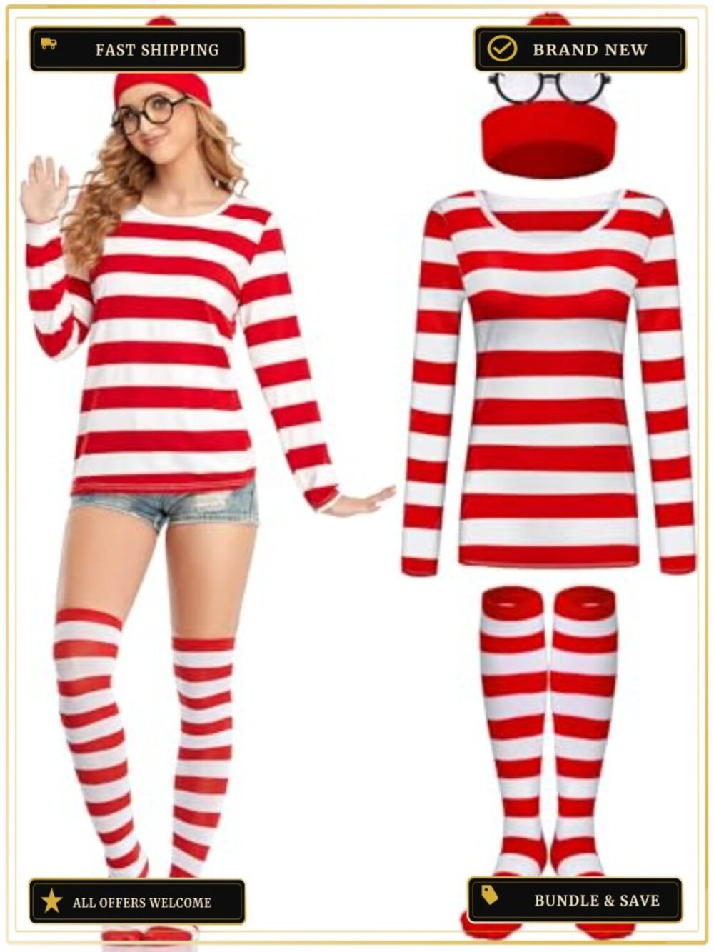 URATOT Halloween Costume Set Striped Long Sleeve Tee Beanie Socks Nerd Glasses